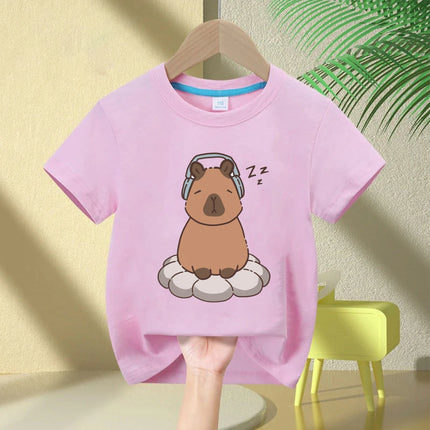 Cute Capybara Loves Bubble Tea print kids T-Shirt summer children's pure cotton short-sleeved casual tops boys and girls gifts