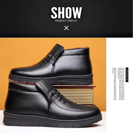 Men's Winter Thickened High-Top Cotton Shoes Warm Fleece Lined Leather Boots Anti-Slip Comfortable for Elderly And Dad