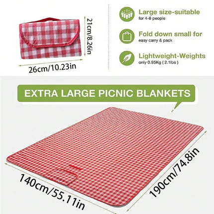 Picnic Blanket Beach Mat Washable Lightweight with Handle Red Checkered for Hiking Travelling Outdoor Camping Parks