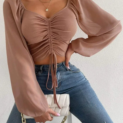 Sexy V-neck Women Blouses Drawstring Long Sleeve Crop Tops Ladies Fashion Summer Short Shirt Woman Clothes Blusas Camisas Mujer