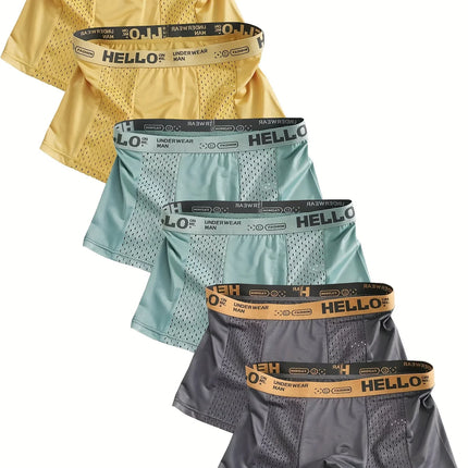 6-Pack Men's Ice Silk Semi-Mesh Boxers - "HELLO" Waistband, Breathable Variety