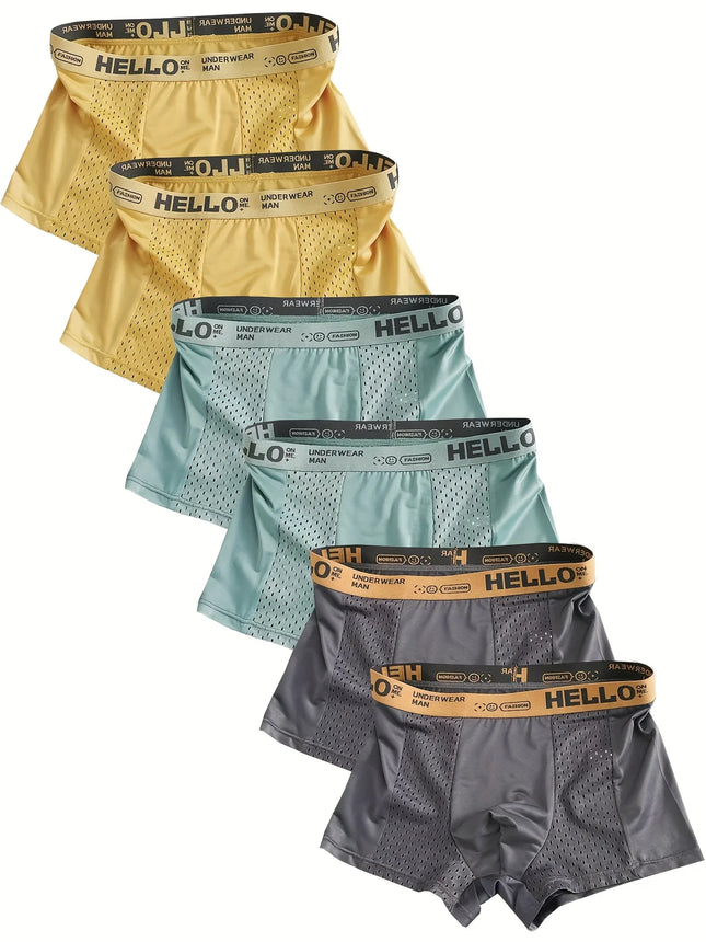 6-Pack Men's Ice Silk Semi-Mesh Boxers - "HELLO" Waistband, Breathable Variety