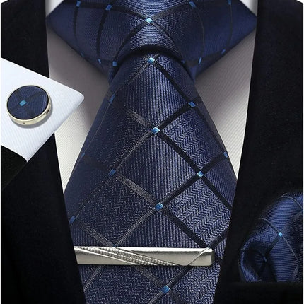 Classic 100% Silk Men's Ties In Gift box 8cm Plaid Dot Striped Business Necktie Handkerchief Cufflinks Wedding Party Tie Set