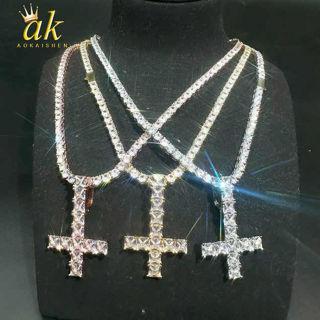Aokaishen Cross Pendant Necklace Hip Hop Jewelry for Women AAAAA Cubic Zirconia