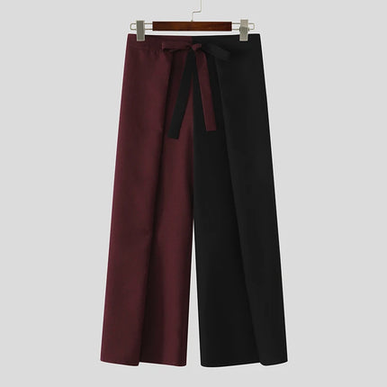 INCERUN Men Pants Patchwork Color-block Lace Up Joggers Casual Trousers For Man Pleated Streetwear Loose 2026 Fashion Long Pants