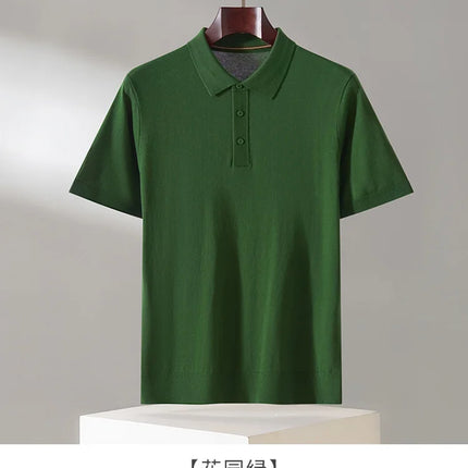 100% Lyocell men's T-shirt casual solid color knitted pullover short sleeved loose POLO collar Tees Pull on vest Tops