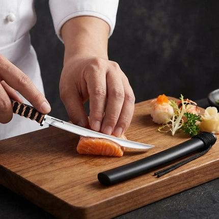 Premium Japanese Sushi Knife with Sheath-Ultra Sharp Portable Chef Knife for Kitchen,Stainless Steel Mini Sashimi Knife