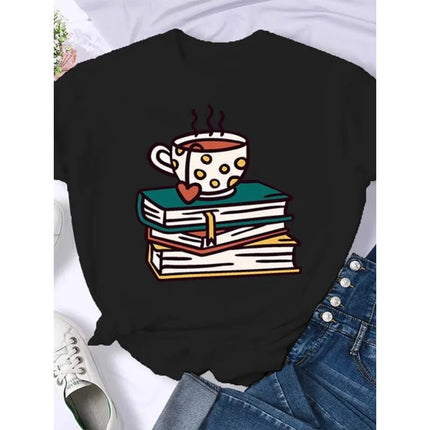 Coffee Books Brown books American retro T-shirt woman round neck half sleeve T-shirt printed T-shirt top woman oversized