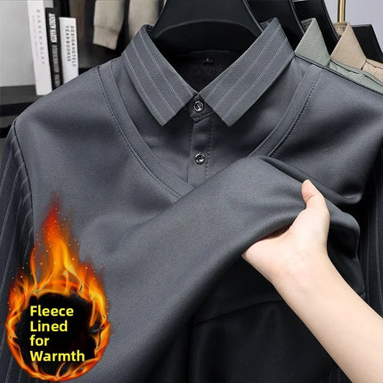 Men's Winter Thickened Fleece Lined Knitwear Polo Shirt Long Sleeve Loose Fit Solid Color Thermal Base Layer Two-Piece Look