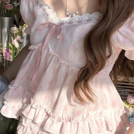 Summer 2026 New France Pink Floral Bubble Off-the-shoulder Two Lotus Leaf Doll Collar T-shirts Women Kawaii Sweet Cute Tees