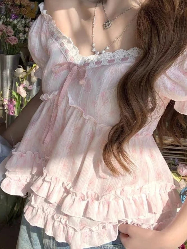 Summer 2026 New France Pink Floral Bubble Off-the-shoulder Two Lotus Leaf Doll Collar T-shirts Women Kawaii Sweet Cute Tees