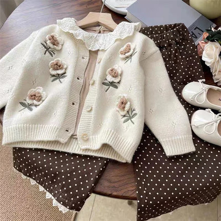 Infant Girl Knitting Cardigan Toddler Baby Girls Sweater Coat Autumn Hand Hook Three-Dimensional Flower Sweater Knitted Cardigan