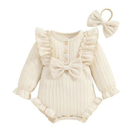Pudcoco Infant Newborn Baby Girls Autumn Ruffle Romper Long Sleeve Crew Neck Button Up Romper with Headband 0-12M