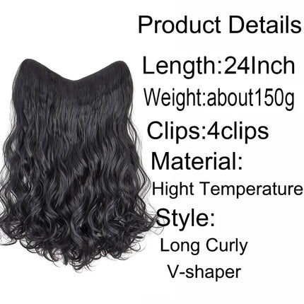 24Inch Synthetic Long Culry Hair Extension V-shaped One Piece Fluffy Invisible Hair Black Brown Hairpiece for Women