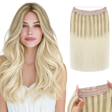 Sunmofavo Wire Halo Hair Extensions Real Human Hair Fish Line with 4 Secure Clips Golden Ombre Gradient for Women Daily Wear