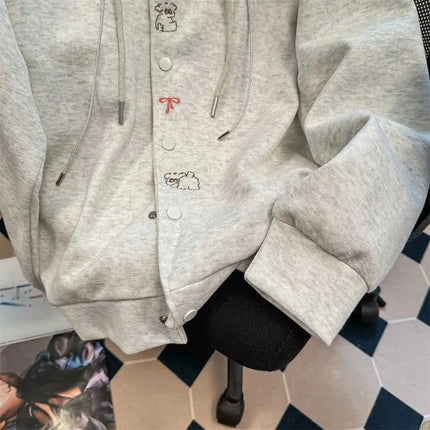 Vintage Cute Dog Print Sweatshirt Open Cardigan Men Women Autumn Loose College Style Casual Match Hat Hoodie Jacket