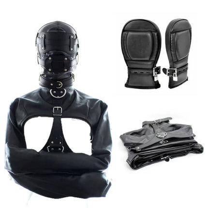 Black Synthetic Leather Straitjacket Bondage Head Hood HeadMask Mitts Gloves BDSM Adult Games Adjustable Body Restraint Sex Toys