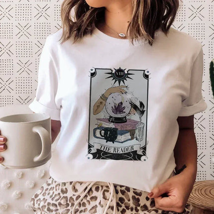 Books Cats Tarot Vintage Tee Fashion T-shirts New Women Summer Tshirt Top Lady Print Female Clothes Short Sleeve Graphic T-Shirt