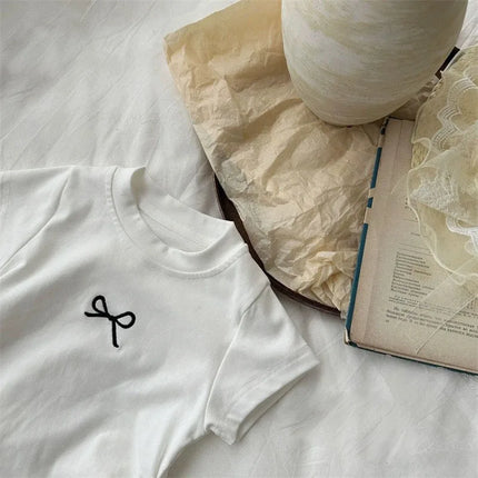Korean Summer Bowknot Casual Short Sleeve T-shirts for Kids 0-12 Years Cotton Toddler Girl Tops Baby Girls Tees Students Clothes