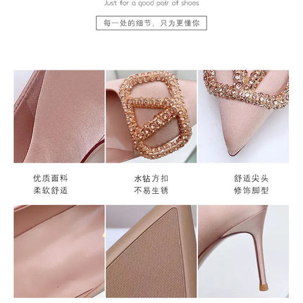 2025 New Women's Slim High-Heeled Pointed Toe Pumps with Rhinestone Buckle - Sexy Shallow-Cut Single Shoes