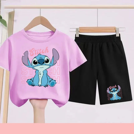 Kids Disney Stitch Print Summer Cute Breathable Tees + Shorts 2pcs 3-12 Years Boy Girls Round-neck Set Children Leisure Clothing
