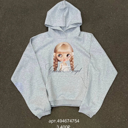 Y2K Gothic American Girl Hoodie Street Casual Pullover Mens Womens Anime Hoodie Black Goth Oversized Pullover Clothes