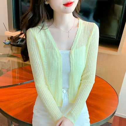 Slim Fit Knitted Long Sleeve Short Cardigan Women's Summer New Style Korean Version Thin Outerwear Pure Color Sun Protection Shi