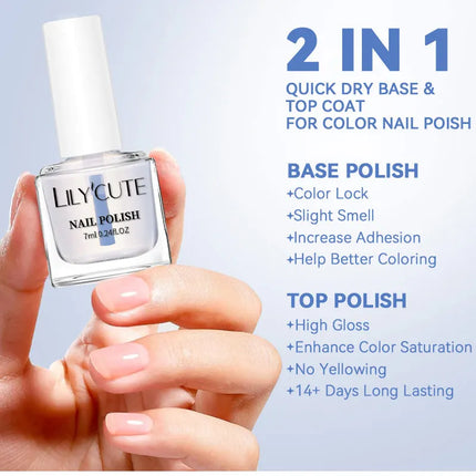 LILYCUTE 7ml Water-based Nail Base Top Polish 2 in 1 Clear Shine Nail Care Quick Drying No Need of Lamp to Cure Nail Art Varnish