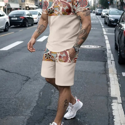 2025 Summer Men's Clothing Letter Print Short Sleeve Top Men's Elastic Waist Shorts 2-piece Set Plus Size T Shirts Shorts Set