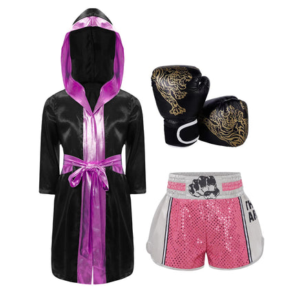 Boys Girls Halloween Carnival Boxer Cosplay Costume Boxing Robe Outfit Long Sleeve Satin Pugilism Hooded Cloak with Belt Shorts