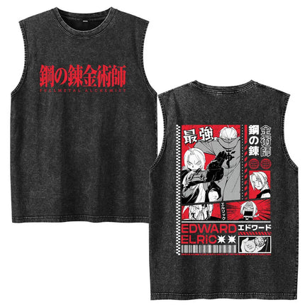 Anime Fullmetal Alchemist Vintage Washed Tank Tops Funny Manga Brotherhood Eyes T-shirts Fashion Casual Sleeveless Vest T-shirts