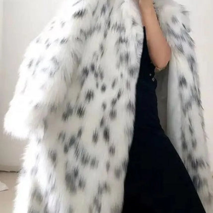 Women's Faux Fur Coat Long Autumn-Winter Fashion Casual Comfortable Warm White Leopard Print Long Sleeve Lapel Fox Fur Coat