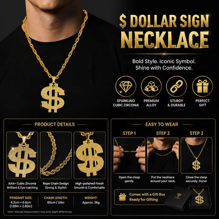 14K Gold Plated Iced Out Dollar Sign Pendant Necklace for Men, Hip Hop Bling Micro Pave CZ Money $ Symbol Chain, Heavy Duty Figaro Link Chain, Luxury Flashy Rap Jewelry Gift for Party Club Birthday