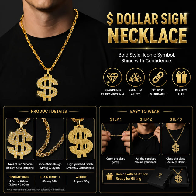 14K Gold Plated Iced Out Dollar Sign Pendant Necklace for Men, Hip Hop Bling Micro Pave CZ Money $ Symbol Chain, Heavy Duty Figaro Link Chain, Luxury Flashy Rap Jewelry Gift for Party Club Birthday