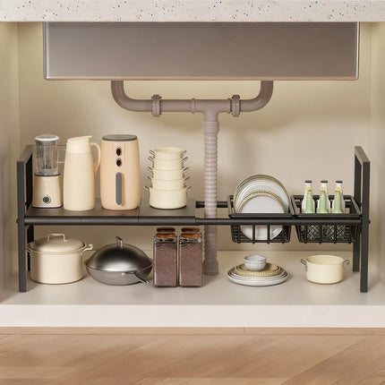 Under-Sink Kitchen Storage Rack/Shelf, Extendable, Single/Double Layer Storage Solution, Made of Steel, Perfect for Kitchen Use, Ideal for Laundry Rooms, under the Sink, Maximizes Space, Easily Stores Various Bottles and Spic