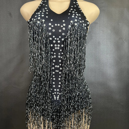 Sparkly Rhinestones Fringe Bodysuit WomenVightclub Party Dance Costume Stage Wear SexyTassel Leotard Performance Clothing G7