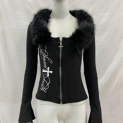 Vintage Y2k Fur Collar T Shirt Women 2000s Aesthetics Off Shoulder Tops Harajuku Letter Print Long Sleeve T-shirt New 2026