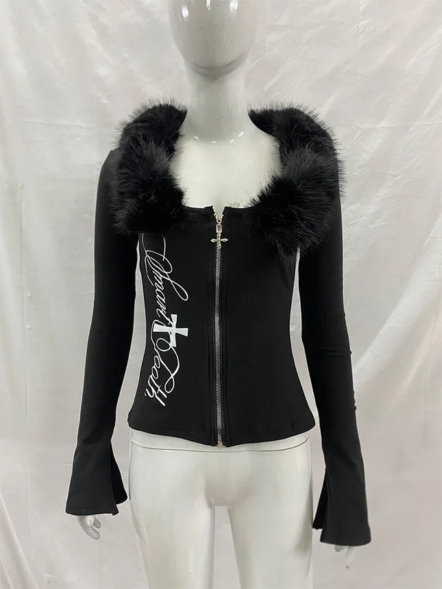 Vintage Y2k Fur Collar T Shirt Women 2000s Aesthetics Off Shoulder Tops Harajuku Letter Print Long Sleeve T-shirt New 2026