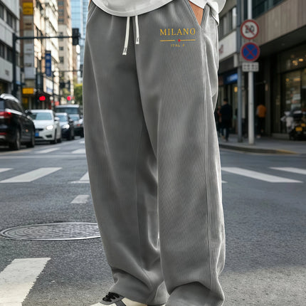 Men's Standing Corduroy Wide Leg Pants with Elastic Drawstring, Loose Straight Leg Pants, MILANO Letter Print, Choose From S-4XL
