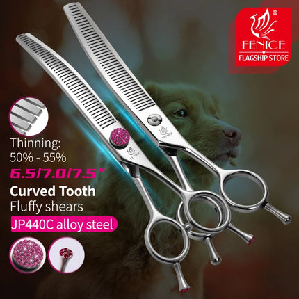 Fenice JP440C 6.5/7/7.5 inch Curved Thinning Scissors Pet Dog Grooming Shears Dog Scissors Fluffy Traceless Thinning Rate 50-55%