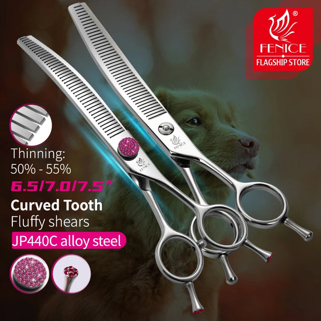 Fenice JP440C 6.5/7/7.5 inch Curved Thinning Scissors Pet Dog Grooming Shears Dog Scissors Fluffy Traceless Thinning Rate 50-55%