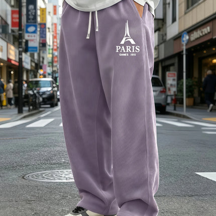 Mens Corduroy Wide Leg Trousers Elastic Drawstring Waist Eiffel Tower Letter Print Loose Straight Casual Street Pants S-4XL