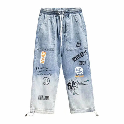 Korean Clothing  Men Letter Printed Jeans High Waisted Baggy Jeans Cartoon Graffiti Hip-Hop Pants Blue Jeans