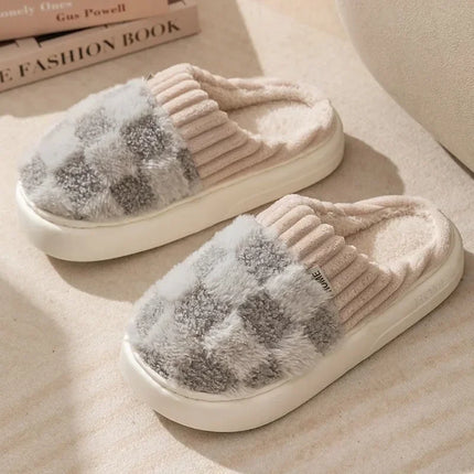 Fashion Couple Winter Toe Wrap Warm Plaid Plush Slippers Men Women Thick Soft Sole Slides Indoor Floor Flat Home Non-slip Shoes