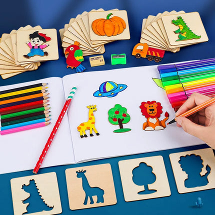 20pcs Montessori Kids Drawing Toys Wooden DIY Painting Stencils Set Craft Toy Coloring Puzzle Educational Toys For Children Gift