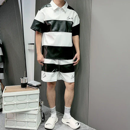 Splice Color Stripe Pu Leather Lapel Collar T Shirt Black Purple Red Polo Shirt Men Women High Quality Casual Short Sleeve Tops