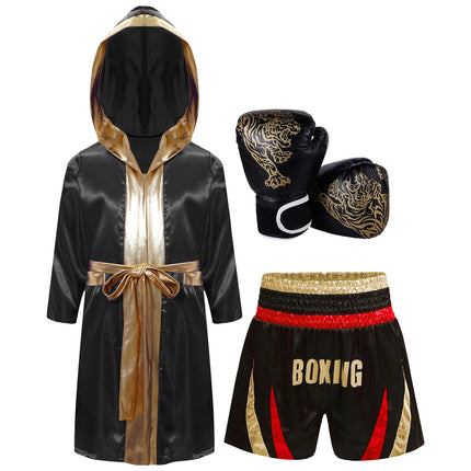 Boys Girls Halloween Carnival Boxer Cosplay Costume Boxing Robe Outfit Long Sleeve Satin Pugilism Hooded Cloak with Belt Shorts