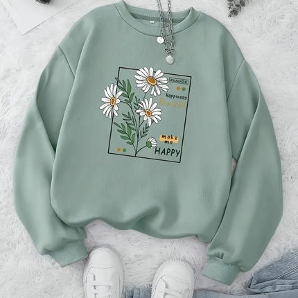 Women Daisy Floral Graphic Sweatshirt Girls Casual Crew Neck Pullover Oversized Soft Fleece Long Sleeve Trend Streetwear Y2K Top