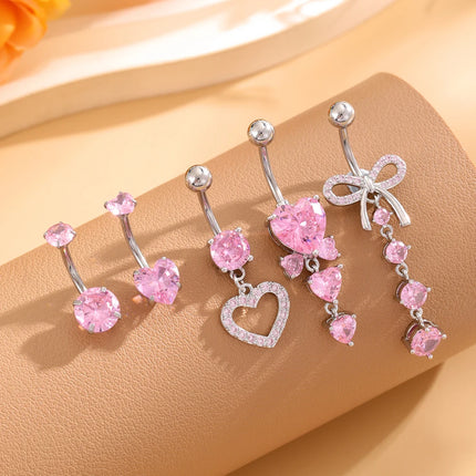 3-5pcs Mixed-Style Sets Heart Flower Dangle Belly Button Rings Stainless Steel Butterfly Curved Zircon Belly Piercing Navel Ring