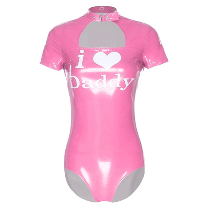Womens Letter Print Leather Bodysuit One Piece Front Hollow-out Short Sleeve Bodycon Sexy Latex Jumpsuit for Party Rave Clubwear